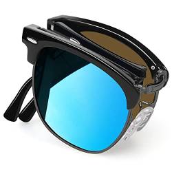 Joopin Faltbare Vintage Sonnenbrille Herren Verspiegelte Blau Polarisiert Halbrahmen Sonnenbrille Damen Retro UV400 Sonnenbrille Herren (Verspiegelte Blau Faltbare) von Joopin