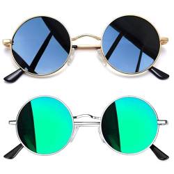 Joopin Retro Sonnenbrille Herren Runde Sonnenbrille Polarisiert Vintage Damen Sonnenbrille Grün Verspiegelt 2 Pack (Silber Grün+Gold Schwarz) von Joopin