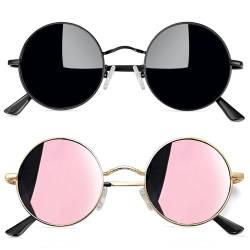 Joopin Rosa Sonnenbrille Damen Rund Polarisiert Retro Herren Sonnenbrille Vintage Dunkle Schwarz 2 Pack (Voll Schwarz+Gold Rosa) von Joopin