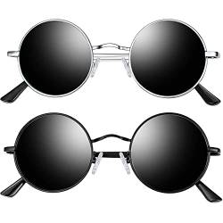 Joopin Rund Sonnenbrille Set Vintage Herren und Polarisierte Sonnenbrille Damen Schwarz UV400 2 Pack (Silber Schwarz+Voll Schwarz) von Joopin