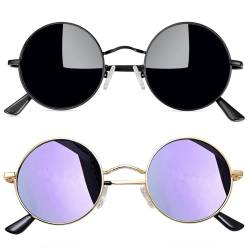 Joopin Runde Sonnenbrille Herren Polarisiert Retro Vintage Damen Sonnenbrille Violett Sonnenbrille Dunkle Schwarz 2 Pack (Voll Schwarz+Gold Violett) von Joopin