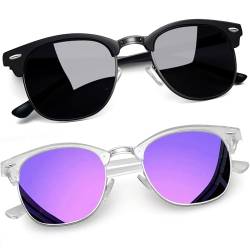 Joopin Schwarze Sonnenbrille Herren Polarisiert Halbrahmen Sonnenbrille Damen Lila Set und Vintage Sonnenbrille Retro UV400 (Matt Schwarz + Verspiegelte Lila) von Joopin