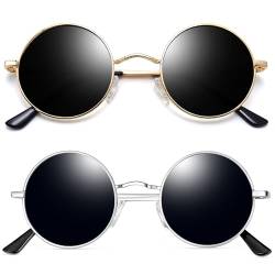 Joopin Sonnenbrille Runde Herren Hippie Retro Sonnenbrille Schwarz Vintage Polarisierte Sonnenbrille Damen 2 Pack (Silber Schwarz+Gold Schwarz) von Joopin