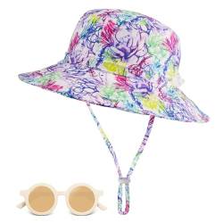 Baby Sonnenhut mit Sonnenbrille, UV-Schutz UPF 50+ Fischerhut Kinder mit Verstellbarem Kinnriemen, Breiter Krempe Bucket Hat, Anglerhut für Kleinkinder, Säugling, Mädchen Lila Blumen, 6-24 Monate von Jopee