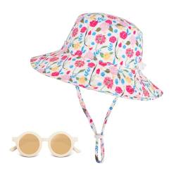 Sonnenhut Baby, Breite Krempe Fischerhut mit Sonnenbrille, UPF 50+ Sonnenschutz Bucket Hat mit Verstellbarem Kinnriemen, Sommer Strandhut für Kleinkinder, Mädchen, Kinder - Rosa Blumen, 6-24 Monate von Jopee