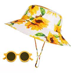 Sonnenhut Kinder, UV-Schutz UPF 50+ Breiter Krempe Fischerhut Baby mit Sonnenbrille, Nackenschutz Strandhut mit Verstellbarem Kinnriemen, Bucket Hat für Mädchen, Junge - Sonnenblume, 2-6 Jahre von Jopee