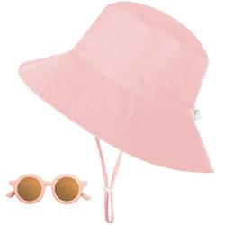 Sonnenhut Kinder, UV-Schutz UPF 50+ Breiter Krempe Sonnenschutz Fischerhut Bbay mit Sonnenbrille, Atmungsaktiv Bucket Hat mit Verstellbarem Kinnriemen, Strandhut für Mädchen - Rosa, 2-6 Jahre von Jopee