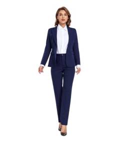 Damen Anzug 2-teilig Lady Formal Solid Jacke Outfit Business Büro Ein-Knopf Blazer Hose Slim Fit Anzug Set für Arbeit, Marineblau, Klein von Joqmia