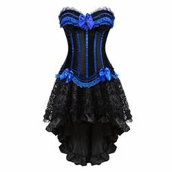 Corsagenkleid Corsage Bustier Streifen Spitze Kleider Korsett Vollbrust elegant sexy Rock Damen Dress Gothic Korsagen Schwarz Blau L von Josamogre