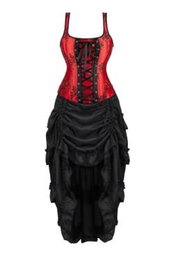 Josamogre Corset Dress Korsett Damen Corsagen Kleid Corsagenkleid Straps Reißverschluss Sexy Dornenrost Blumen Spitze Vintage Mittelalter Rot S von Josamogre