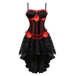 Josamogre Damen vollbrust corsage kleid Asymmetry viktorianisch bustier korsett mit träger strapse spitze burlesque gothic sexy Schwarz rot L von Josamogre