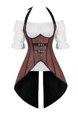 Josamogre Korsett Damen Top Bluse Set Corset Unterbrust Long Steampunk Outfits für Frauen Exotic Gothic Piraten Mittelalter Karneval Braun 7XL von Josamogre