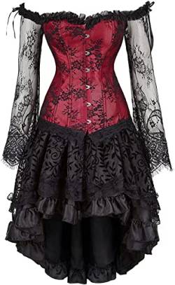 Josamogre Korsett Kleid Corsette Damen Corsage Corsagenkleid Lange Ärmel Schnüren Vintage Sexy Gothic Rot 4XL von Josamogre