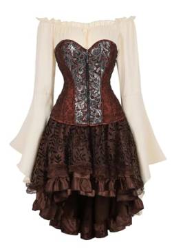 Josamogre Korsett Kleid Damen 3 Set Piraten Rock Corsage Bustier Steampunk Corsagenkleid Vintage Retro Gothic Braun S von Josamogre