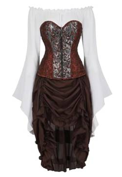 Josamogre Korsett Kleid Damen 3 Set Piraten Rock Corsage Bustier Steampunk Piratenkleid Vintage Retro Gothic Braun S von Josamogre