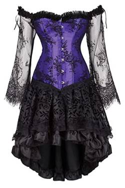 Josamogre Korsett Kleid Damen Corsage Corsagenkleid Corset Dress Lange Ärmel Schnüren Vintage Sexy Gothic Violett 2XL von Josamogre