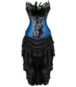 Josamogre Korsett Kleid Damen Corset Dress Corsage Vollbrust Korsage Corsagenkleid Rock Pfau Feder Bustier Sexy Gothic Burlesque Blau M von Josamogre