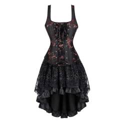 Josamogre Korsett Kleid Damen Straps Corsagen Corsagenkleid Reißverschluss Sexy Dornenrost Blumen Spitze Vintage Mittelalter Schwarz 3XL von Josamogre