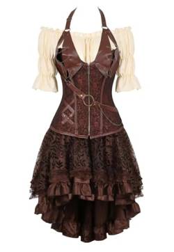 Josamogre Korsett Kleid Rock Set Steampunk Piraten Corsage Corset Bustier Damen Korsagenkleid Gothic n Halloween Kostüm Braun 4XL von Josamogre