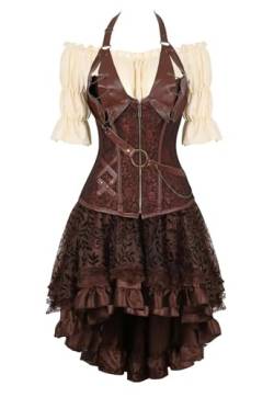 Josamogre Korsett Kleid Rock Set Steampunk Piraten Corsage Corset Bustier Damen Korsagenkleid Gothic n Halloween Kostüm Braun XL von Josamogre
