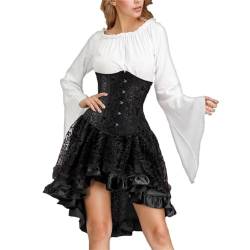 Josamogre Korsett Underbust 3Pcs Set Kostüm mit Corsagenkleid Corset Dress Corsage Spitzenrock und Bluse Karneval Fasching Halloween Schwarz L von Josamogre