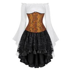 Josamogre Korsett Underbust Kleid Set 3 Pcs Corset Dress Damen Corsagenkleid Corsage Kostüm mit Spitzenrock und Bluse für Karneval Fasching Halloween Gelb XL von Josamogre