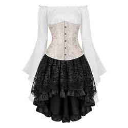 Josamogre Korsett Underbust Kleid Set 3 Pcs Corset Dress Damen Corsagenkleid Corsage Kostüm mit Spitzenrock und Bluse für Karneval Fasching Pirate Aprikose 2XL von Josamogre