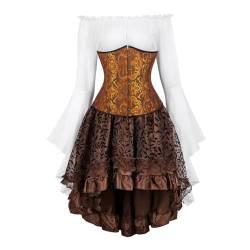 Josamogre Korsett Underbust Kleid Set 3 Pcs Corset Dress Damen Corsagenkleid Corsage Kostüm mit Spitzenrock und Bluse für Karneval Fasching Pirate Gelb 6XL von Josamogre