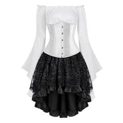 Josamogre Korsett Underbust Kleid Set 3 Pcs Corset Dress Damen Corsagenkleid Corsage Kostüm mit Spitzenrock und Bluse für Karneval Fasching Pirate Weiß M von Josamogre