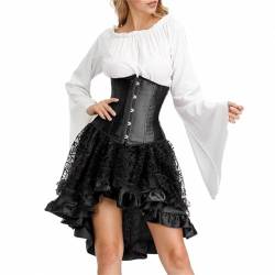 Josamogre Korsett Underbust Kleid Set 3 Pcs Corset Dress Damen Korsagenkleid Corsage Kostüm mit Spitzenrock und Bluse für Karneval Pirate Piratenkleid Schwarz 2XL von Josamogre