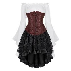 Josamogre Korsett Underbust Kleid Set 3 Pcs Corset Dress Damen Korsettkleid Corsage Kostüm mit Spitzenrock und Bluse für Karneval Fasching Halloween Braun 2XL von Josamogre