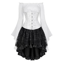 Josamogre Korsett Underbust Kleid Set 3 Pcs Corset Dress Damen Korsettkleid Corsage Kostüm mit Spitzenrock und Bluse für Karneval Fasching Halloween Weiß M von Josamogre