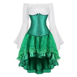 Josamogre Korsett Underbust Kleid Set 3 Pcs Corset Dress Damen Korsettkleid Corsage Kostüm mit Spitzenrock und Bluse für Karneval Fasching Pirate Grün 4XL von Josamogre