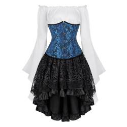 Josamogre Korsett Underbust Set Damen Kleid 3 Pcs Corset Dress Corsagenkleid Corsage Kostüm mit Spitzenrock und Bluse für Karneval Fasching Halloween Blau L von Josamogre