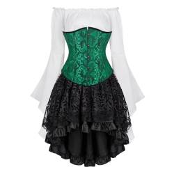 Josamogre Korsett Underbust Set Damen Kleid 3 Pcs Corset Dress Corsagenkleid Corsage Kostüm mit Spitzenrock und Bluse für Karneval Fasching Halloween Grün 2XL von Josamogre