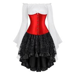 Josamogre Korsett Underbust Set Damen Kleid 3 Pcs Corset Dress Corsagenkleid Corsage Kostüm mit Spitzenrock und Bluse für Karneval Fasching Halloween Rot 3XL von Josamogre