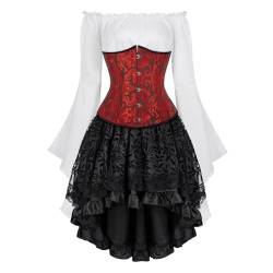 Josamogre Korsett Underbust Set Damen Kleid 3 Pcs Corset Dress Corsagenkleid Corsage Kostüm mit Spitzenrock und Bluse für Karneval Fasching Halloween Rot L von Josamogre