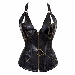 Josamogre Leder Korsett Steampunk Vollbrust Vintage Corsage Bustier mit träger Gothic Punk Korsage piraten Top Damen Schwarz 2XL von Josamogre