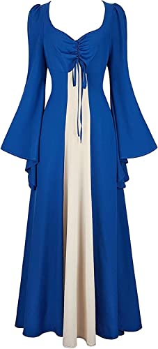 Josamogre Mittelalter Kleid Damen Dress mit Trompetenärmel Party Kostüm bodenlang Vintage Retro Renaissance Costume Halloween Cosplay Blau 2XL von Josamogre