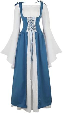 Josamogre Mittelalter Kleidung Damen Kleid Maxi Renaissance mit Trompetenärmel Party Kostüm bodenlang Gothic Festliche Costume Cosplay Halloween blau 3XL von Josamogre