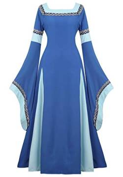 Josamogre Mittelalter Kleidung Damen Kleid mit Trompetenärmel Party Kostüm bodenlang Vintage Retro Renaissance Costume Cosplay Blau 2XL von Josamogre