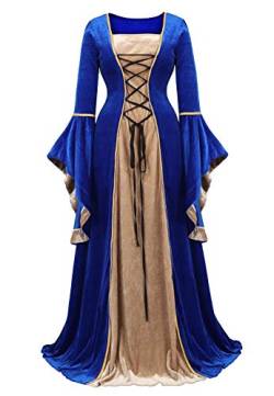 Josamogre Mittelalter Kleidung Damen samtkleid samt Kleid Renaissance viktorianischen Kostüm maxikleid Vintage Retro trompetenärmel Blau 3XL von Josamogre