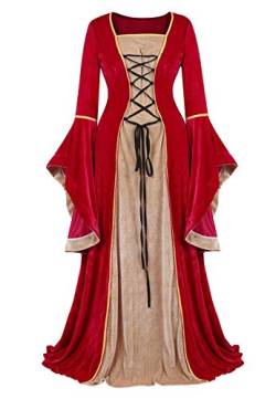 Josamogre Mittelalter Kleidung Damen samtkleid samt Kleid Renaissance viktorianischen Kostüm maxikleid Vintage Retro trompetenärmel Rot 2XL von Josamogre