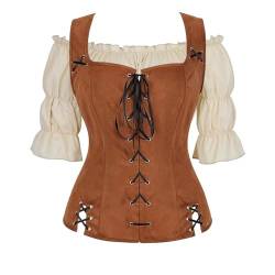 Josamogre Mittelalter Kleidung Weste mit Bluse Set Korsett Damen Pirat Kostüm Gothic Mantel Steampunk Renaissance Cosplay Top Halloween Braun XL von Josamogre