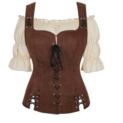 Josamogre Mittelalter Kleidung Weste mit Bluse Set Korsett Damen Pirat Kostüm Renaissance Gothic Mantel Steampunk Cosplay Top mit Schnürung Oktoberfest Kaffee S von Josamogre