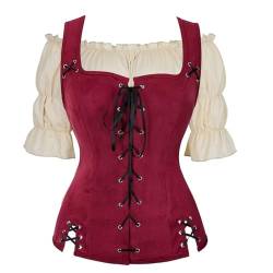 Josamogre Mittelalter Kleidung Weste mit Bluse Set Korsett Damen Steampunk Pirate Kostüm Gothic Mantel Renaissance Cosplay Top Halloween Weinrot 2XL von Josamogre