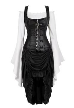 Josamogre Schwarz Korsett Kleid Leder Corsage Kostüm Steampunk Corsagenkleid 3 Set Reißverschluss Spitzenrock und Bluse für Halloween Damen M von Josamogre