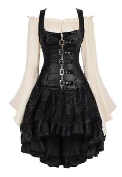 Josamogre Schwarz Korsett Kleid Leder Corsage Steampunk 3 Set Corset Dress Reißverschluss Spitzenrock und Bluse für Halloween Damen S von Josamogre