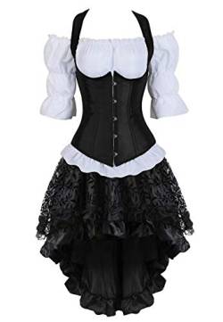 Josamogre Steampunk Corsage Corsagenkleid korsett bustier Kostüm mit asymmetrischer Spitzenrock und Bluse für Karneval Halloween Schwarz L von Josamogre