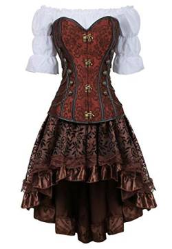 Josamogre Steampunk Corsage Corsagenkleid korsett bustier piraten Kostüm mit asymmetrischer Spitzenrock und Bluse für Karneval Halloween Braun 3XL von Josamogre